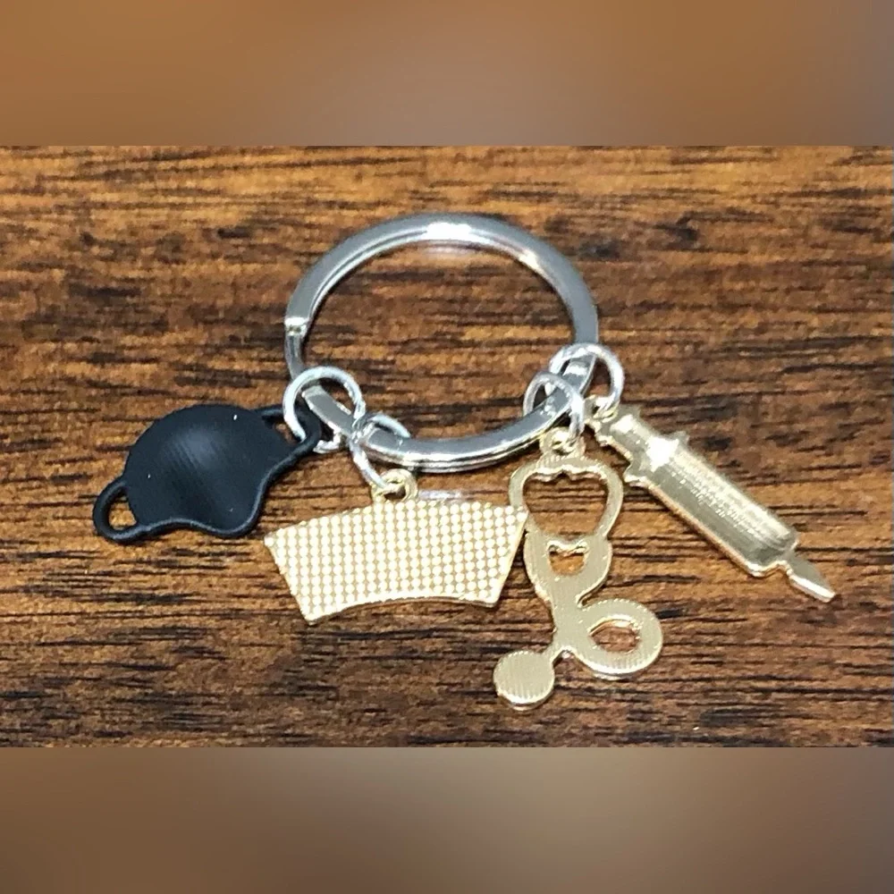 Keychain Ring  Holder  Nurse  black mask syringe stethoscope pendant ornaments.